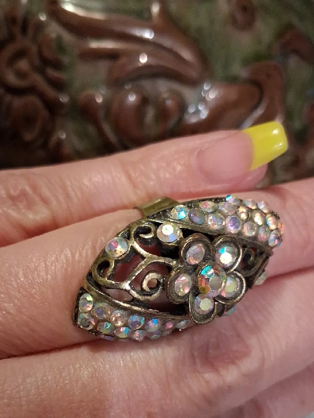 Aurora Crystal Flower Statement Ring - Vintage Gold Tone - Picture 4 of 6